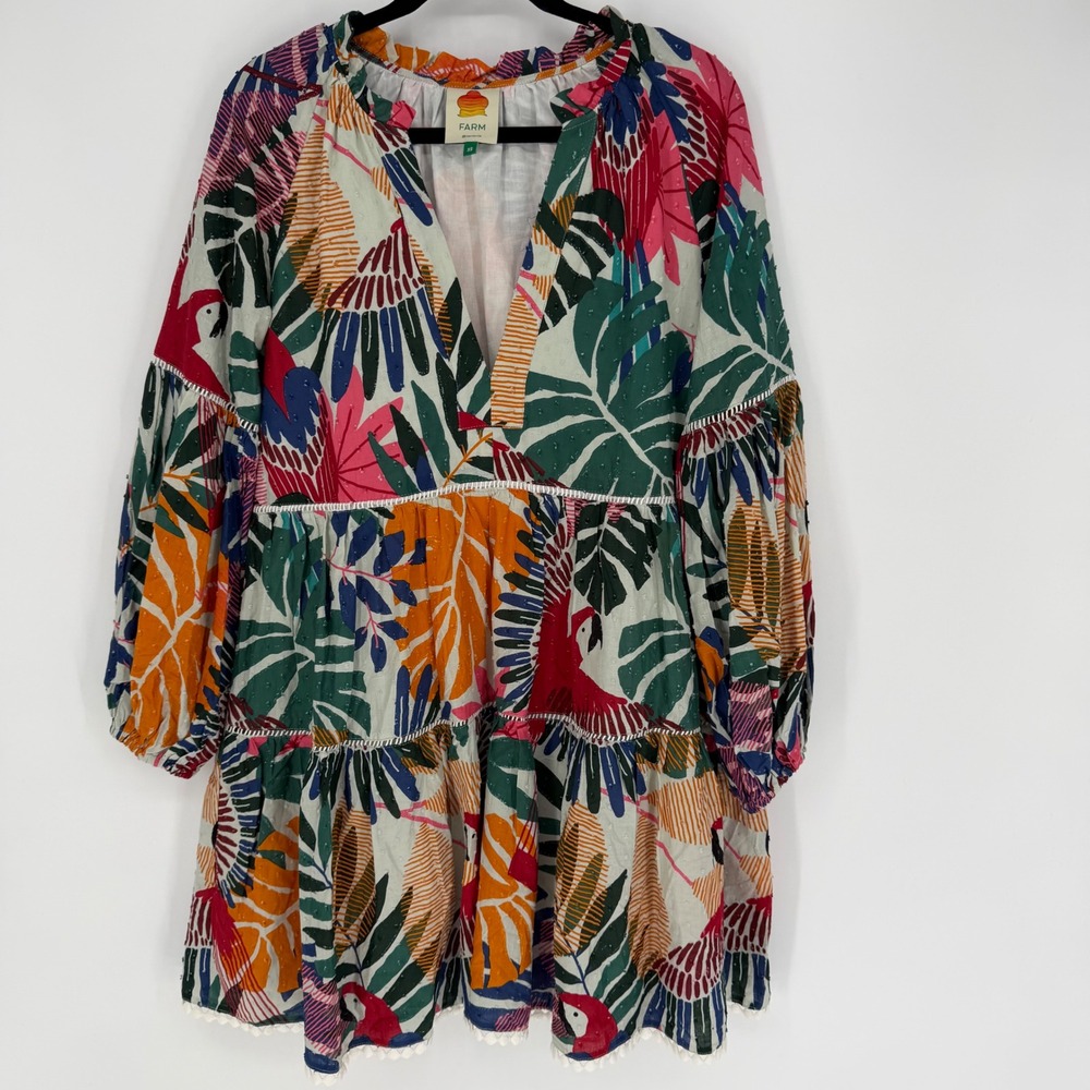 FARM RIO OFF WHITE MACAW MINI DRESS XS TROPICAL BOHEMIAN SUMMER VACATION VIBRANT